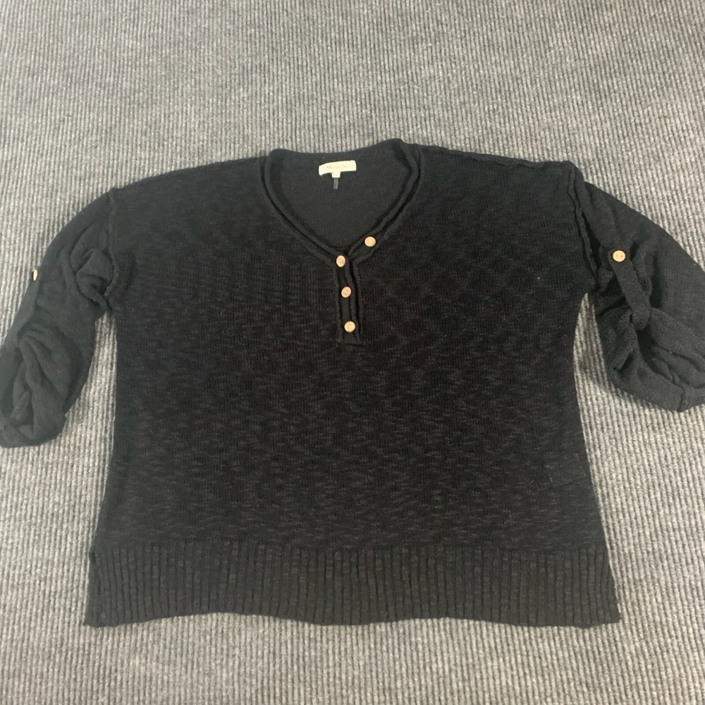 Miracle USA Sweater Women's Medium Black‎ Henry Open Knit Long Sleeve Oversized